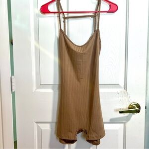 Brown Ribbed Backless Shorts Bodysuit